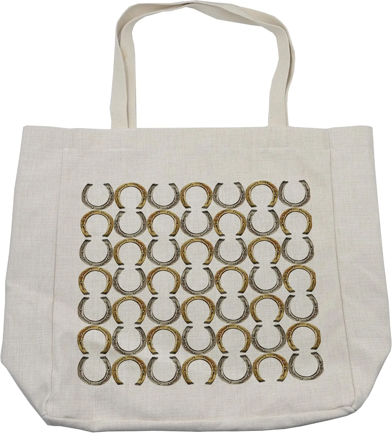 Lunarable Horseshoe Shopping Bag, Luck Riding Equipment Blacksmith Arch Patternic Print, Eco-Friendly Reusable Bag for Groceries Beach and More, 15.5" X 14.5", Cream
