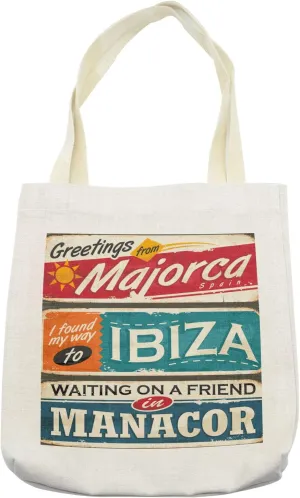 Lunarable Ibiza Tote Bag, Vacation Themed Majorca Ibiza and Manacor Exotic Places from Balear Region Spain, Cloth Linen Reusable Bag for Shopping Books Beach and More, 16.5" X 14", Cream
