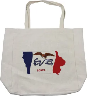 Lunarable Iowa Shopping Bag, Hawkeye State Map and Flag Bald Eagle Carrying Streamer Beak, Eco-Friendly Reusable Bag for Groceries Beach and More, 15.5" X 14.5", Cream