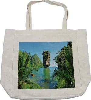 Lunarable Island Shopping Bag, James Bond Island Phang Nga in Thailand Filming Cliff Geological Formation Tropics, Eco-Friendly Reusable Bag for Groceries Beach and More, 15.5" X 14.5", Cream