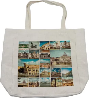 Lunarable Italian Shopping Bag, Italian Town Collage with Classic Monumental Details Coliseum Mediterranean City, Eco-Friendly Reusable Bag for Groceries Beach and More, 15.5" X 14.5", Cream