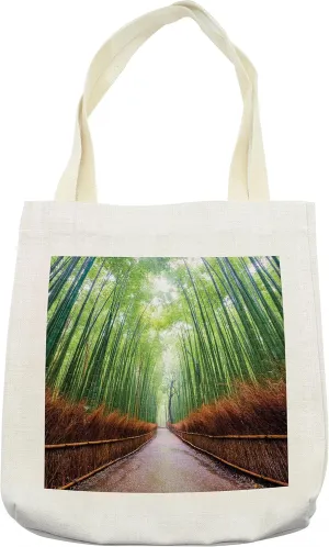 Lunarable Japanese Tote Bag, Path to Forest in Kyoto Japan Japanese Landscape Fish Eye Shot Photo Print, Cloth Linen Reusable Bag for Shopping Books Beach and More, 16.5" X 14", Fern Green Redwood