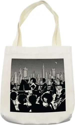 Lunarable Jazz Tote Bag, Band Performing on a Rooftop in Party with New York City Downtown Landscape, Cloth Linen Reusable Bag for Shopping Books Beach and More, 16.5" X 14", Cream