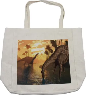 Lunarable Jurassic Shopping Bag, 2 Dicraeosaurus Dinosaurs in a Prehistoric Sunrise Landscape Enormous, Eco-Friendly Reusable Bag for Groceries Beach and More, 15.5" X 14.5", Cream