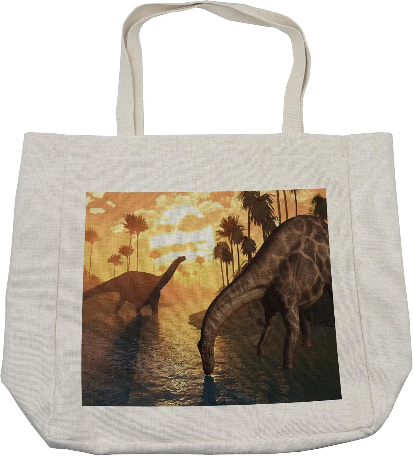 Lunarable Jurassic Shopping Bag, 2 Dicraeosaurus Dinosaurs in a Prehistoric Sunrise Landscape Enormous, Eco-Friendly Reusable Bag for Groceries Beach and More, 15.5" X 14.5", Cream