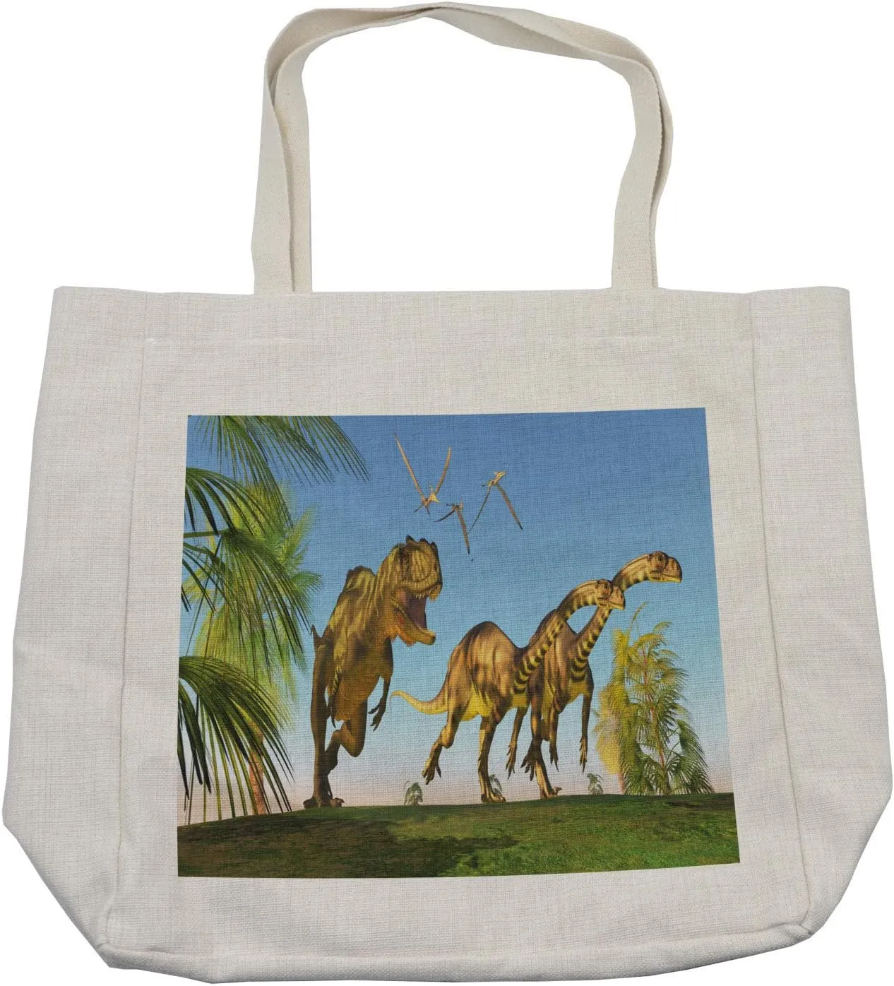 Lunarable Jurassic Shopping Bag, 2 Massospondylus Running for Their Lives Yangchuanosaurus Hunting, Eco-Friendly Reusable Bag for Groceries Beach and More, 15.5" X 14.5", Cream