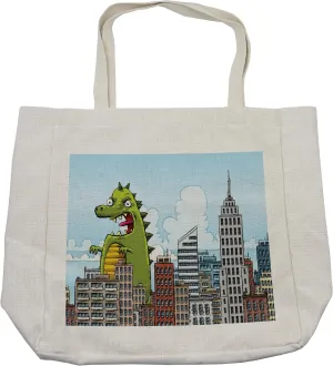 Lunarable Jurassic Shopping Bag, Giant Cartoon Monster Invades the City Attack Skylines Downtown Science Fiction, Eco-Friendly Reusable Bag for Groceries Beach and More, 15.5" X 14.5", Cream