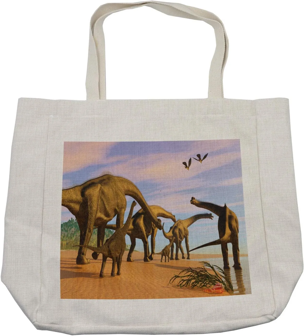 Lunarable Jurassic Shopping Bag, Pattern of Brachiosaurus Herd Walking down a Wet Sandy Beach, Eco-Friendly Reusable Bag for Groceries Beach and More, 15.5" X 14.5", Cream