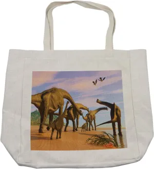 Lunarable Jurassic Shopping Bag, Pattern of Brachiosaurus Herd Walking down a Wet Sandy Beach, Eco-Friendly Reusable Bag for Groceries Beach and More, 15.5" X 14.5", Cream