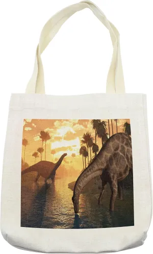 Lunarable Jurassic Tote Bag, 2 Dicraeosaurus Dinosaurs in a Prehistoric Sunrise Landscape Enormous, Cloth Linen Reusable Bag for Shopping Books Beach and More, 16.5" X 14", Cream