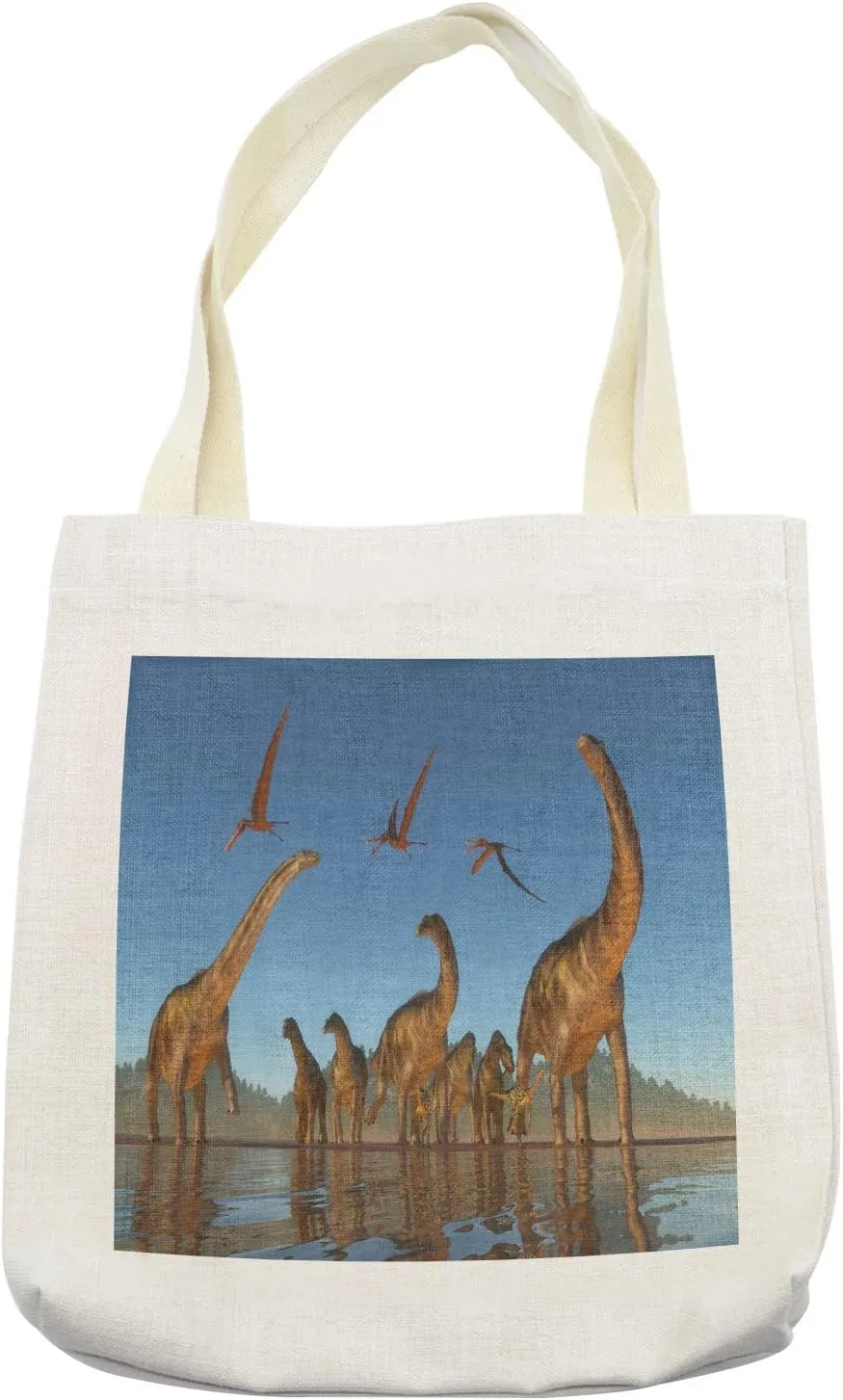 Lunarable Jurassic Tote Bag, Illustration of Cretaceous Argentinosaurus and Anhanguera Reptiles Flying Above, Cloth Linen Reusable Bag for Shopping Books Beach and More, 16.5" X 14", Cream