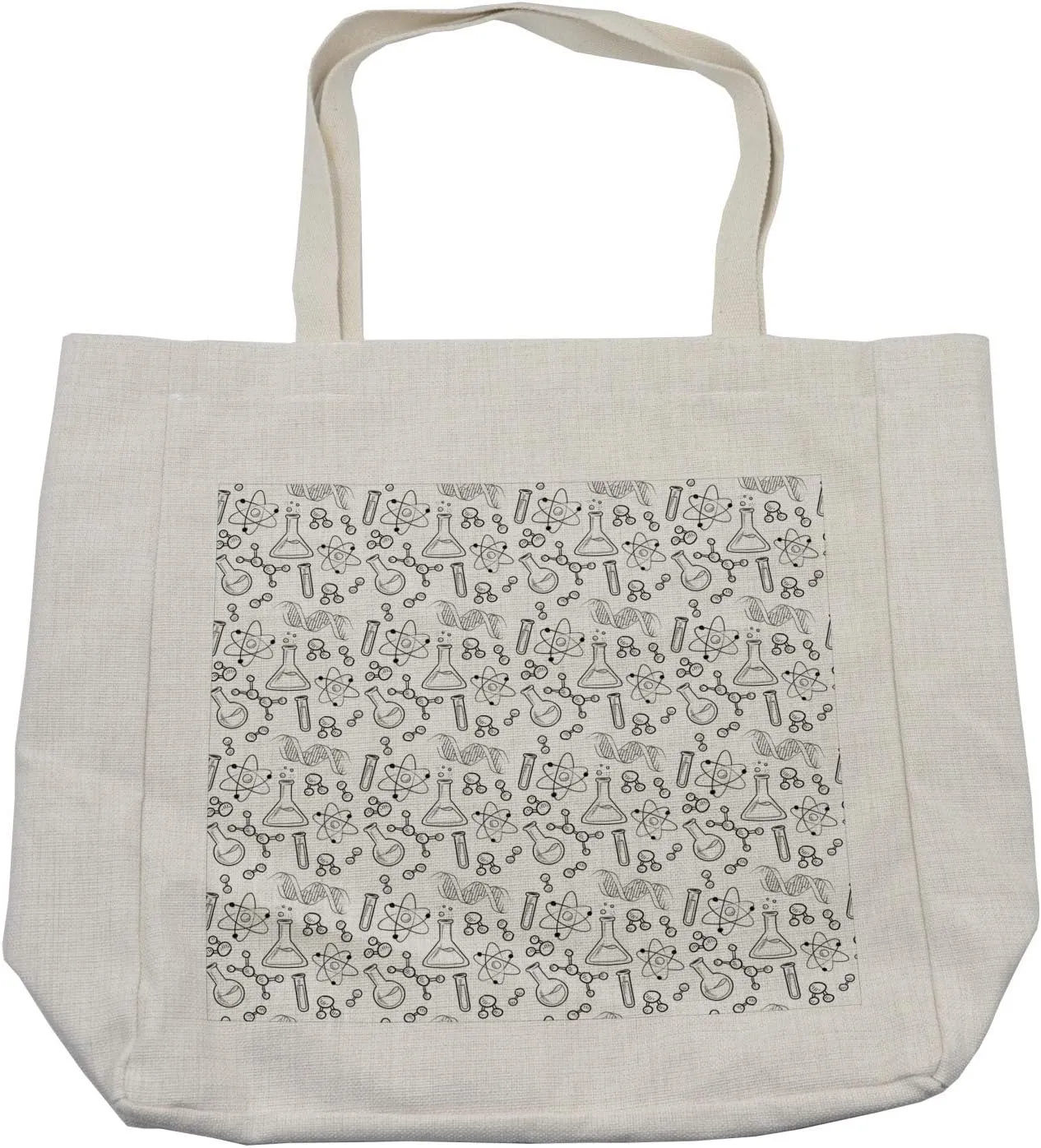 Lunarable Lab Shopping Bag, Doodle Drawing Style Science Laboratory Elements Atom Molecules Test Tubes Pattern, Eco-Friendly Reusable Bag for Groceries Beach and More, 15.5" X 14.5", Black and White