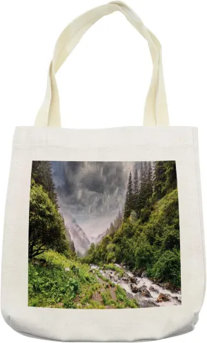 Lunarable Landscape Tote Bag, Wonderful Photo of Mountain River Overcast Sky Balea Falls in Romania, Cloth Linen Reusable Bag for Shopping Books Beach and More, 16.5" X 14", Cream