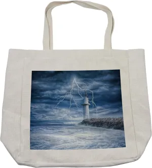 Lunarable Lighthouse Shopping Bag, Lighthouse Thunderstorm Turbulent Wind Moody Weather Dramatic Sky Scene, Eco-Friendly Reusable Bag for Groceries Beach and More, 15.5" X 14.5", Cream