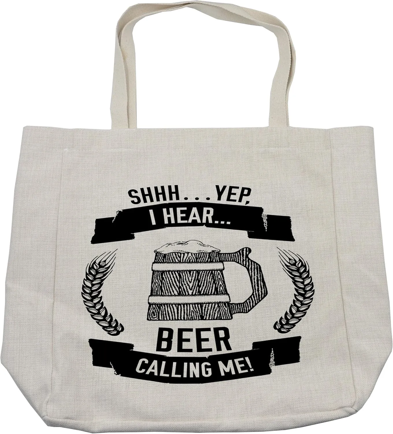 Lunarable Man Cave Shopping Bag, I Hear Beer Calling Me Words Style Hand Drawn Lager Stout Ale Wheat Mug Art, Eco-Friendly Reusable Bag for Groceries Beach and More, 15.5" X 14.5", Cream