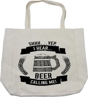 Lunarable Man Cave Shopping Bag, I Hear Beer Calling Me Words Style Hand Drawn Lager Stout Ale Wheat Mug Art, Eco-Friendly Reusable Bag for Groceries Beach and More, 15.5" X 14.5", Cream