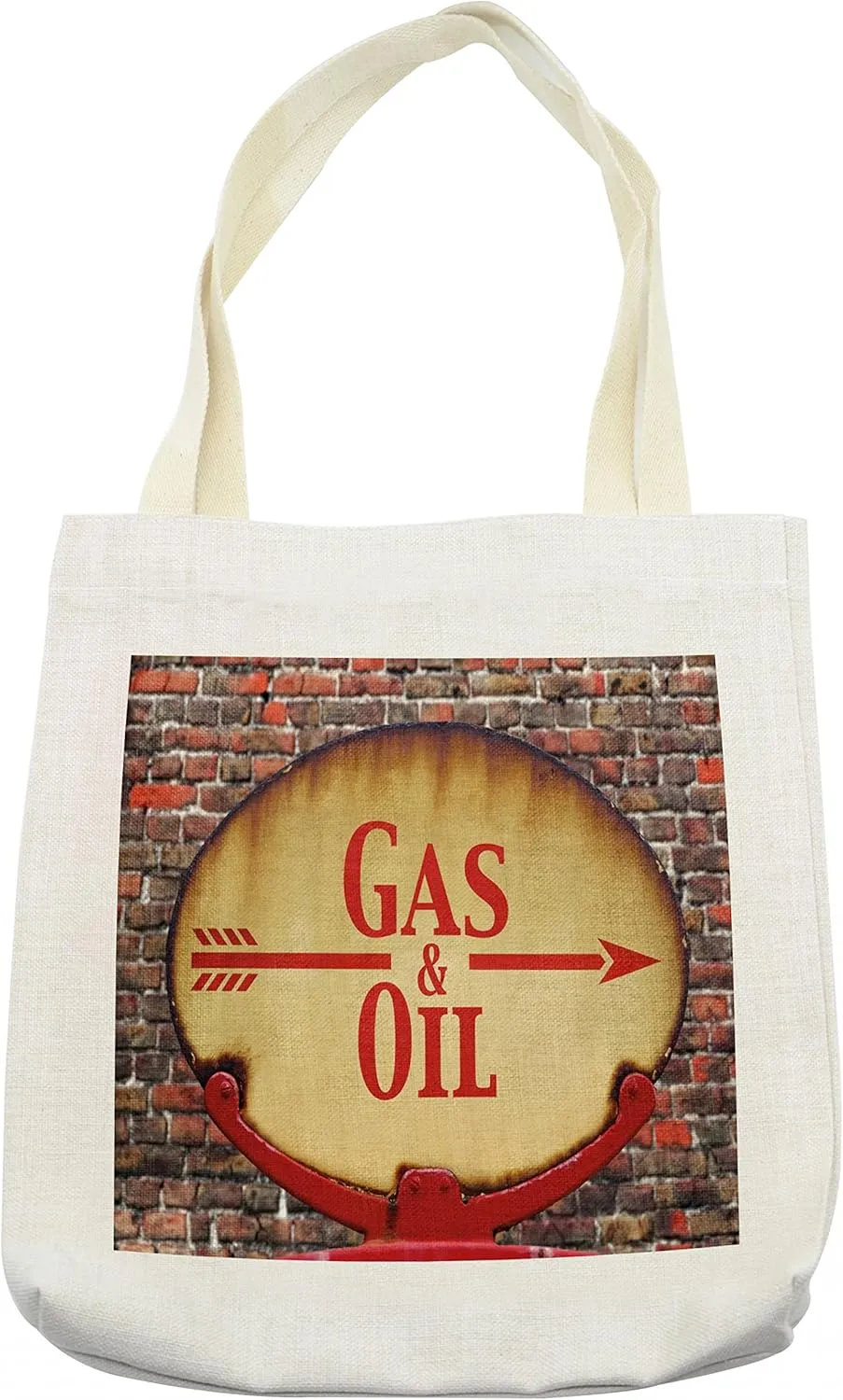 Lunarable Man Cave Tote Bag, Rusty Old Retrorrow Sign with the Text Gasnd Oil Fuel Station, Cloth Linen Reusable Bag for Shopping Books Beach and More, 16.5" X 14", Cream
