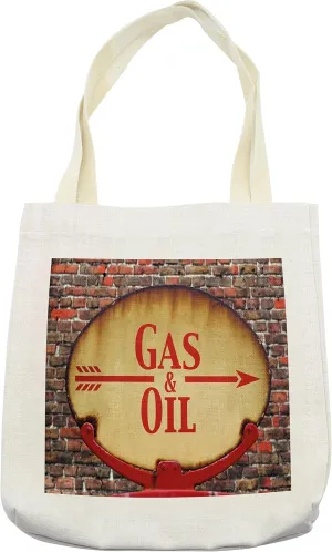 Lunarable Man Cave Tote Bag, Rusty Old Retrorrow Sign with the Text Gasnd Oil Fuel Station, Cloth Linen Reusable Bag for Shopping Books Beach and More, 16.5" X 14", Cream