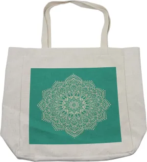 Lunarable Mandala Shopping Bag, Eastern Microcosm Chart with Floral Center Point Space Yantra Yoga Image Print, Eco-Friendly Reusable Bag for Groceries Beach and More, 15.5" X 14.5", Cream