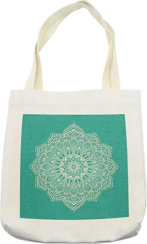 Lunarable Mandala Tote Bag, Eastern Microcosm Chart with Floral Center Point Space Yantra Yoga Image Print, Cloth Linen Reusable Bag for Shopping Books Beach and More, 16.5" X 14", Cream