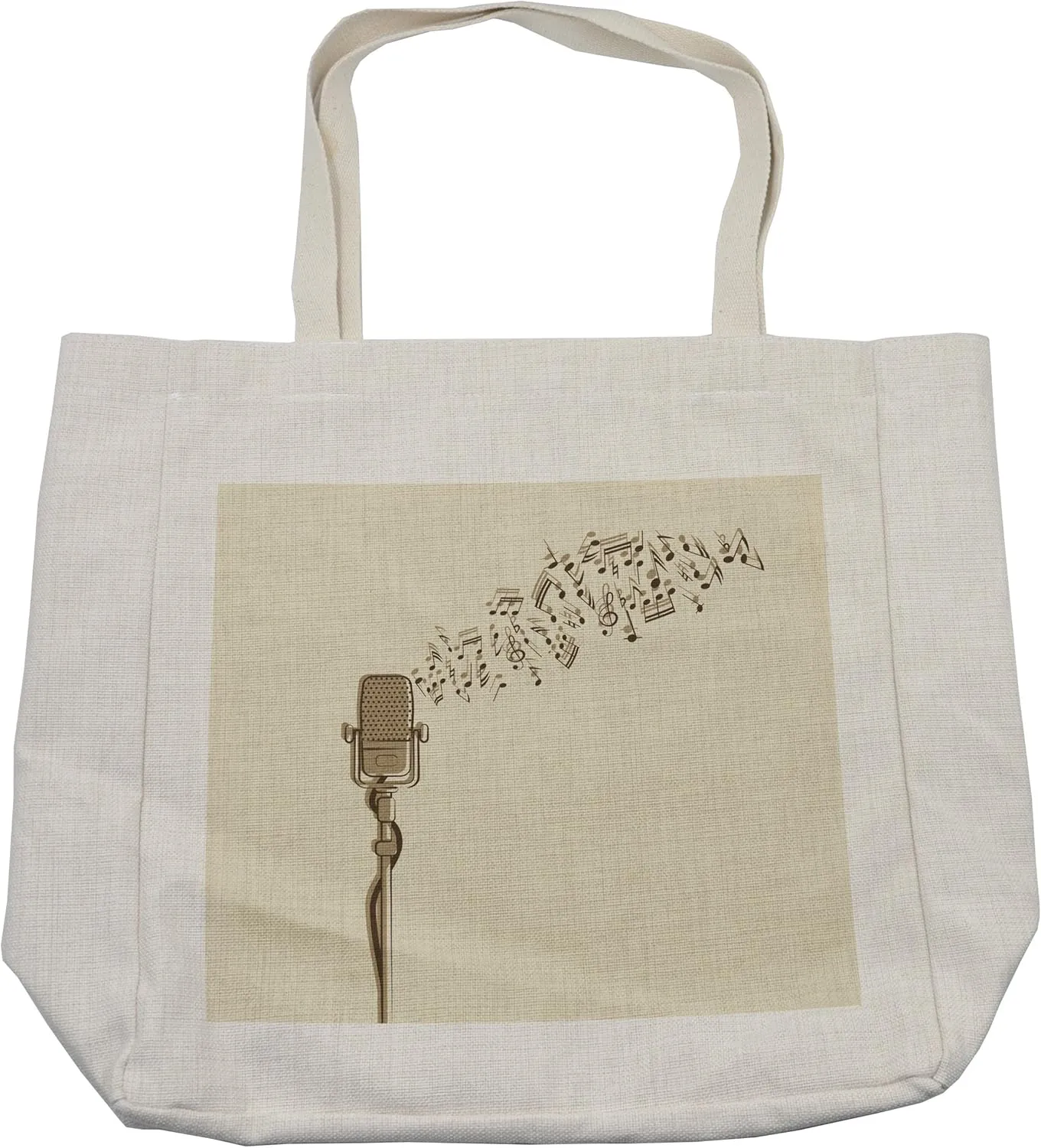 Lunarable Microphone Shopping Bag, Retro Equipment in Hand Drawn Style with Music Notes Karaoke Singing Voice, Eco-Friendly Reusable Bag for Groceries Beach and More, 15.5" X 14.5", Cream