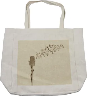 Lunarable Microphone Shopping Bag, Retro Equipment in Hand Drawn Style with Music Notes Karaoke Singing Voice, Eco-Friendly Reusable Bag for Groceries Beach and More, 15.5" X 14.5", Cream