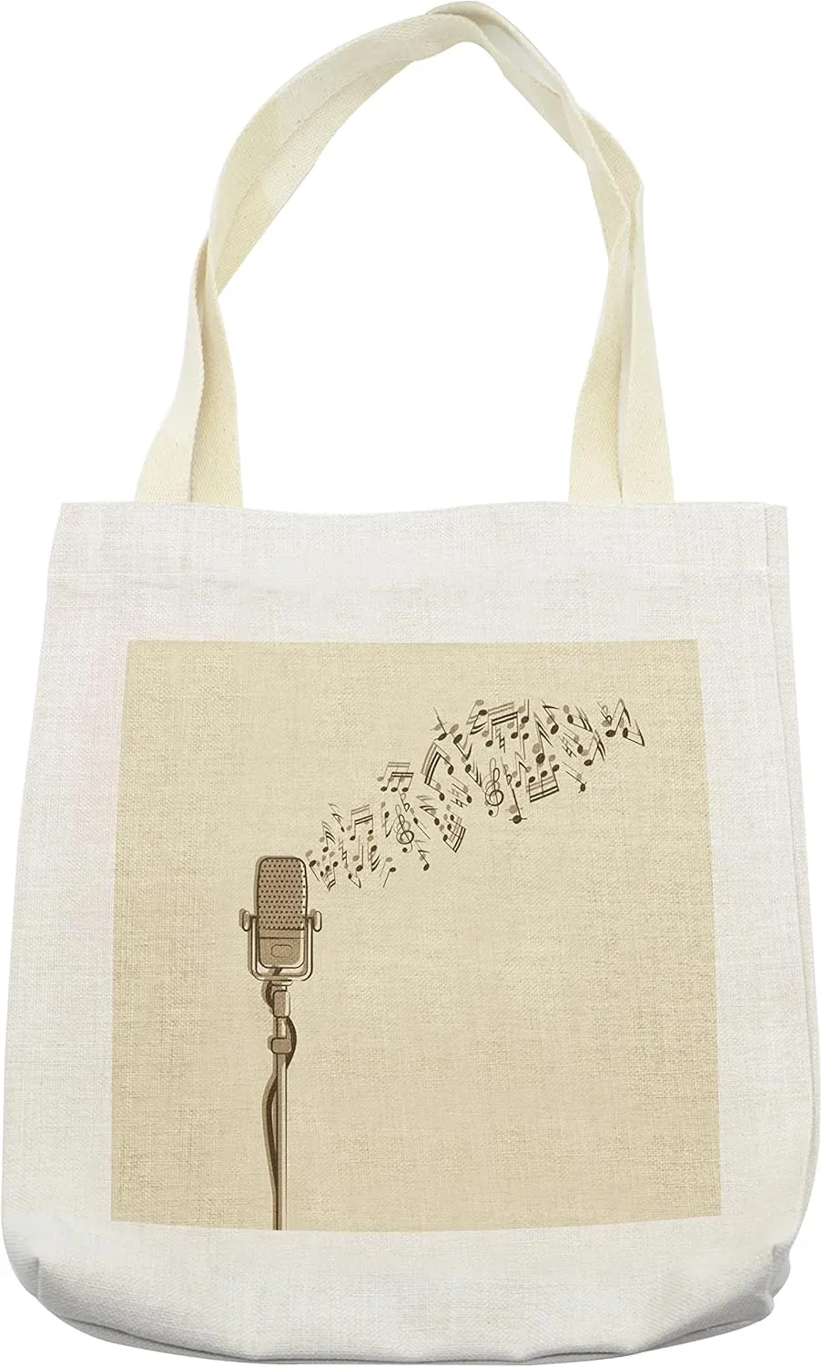 Lunarable Microphone Tote Bag, Retro Equipment in Hand Drawn Style with Music Notes Karaoke Singing Voice, Cloth Linen Reusable Bag for Shopping Books Beach and More, 16.5" X 14", Cream
