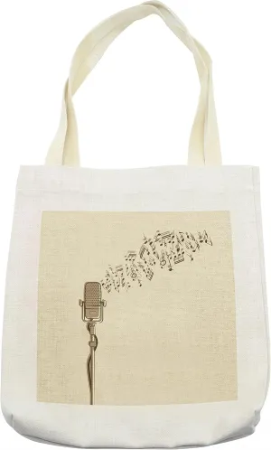Lunarable Microphone Tote Bag, Retro Equipment in Hand Drawn Style with Music Notes Karaoke Singing Voice, Cloth Linen Reusable Bag for Shopping Books Beach and More, 16.5" X 14", Cream