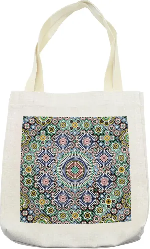 Lunarable Moroccan Tote Bag, Classic Mosaic Design Striped Centered Detailed Craft Tile Antiquity Illustration, Cloth Linen Reusable Bag for Shopping Books Beach and More, 16.5" X 14", Cream