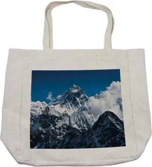 Lunarable Mountain Shopping Bag, Everest Peak Landscape Clouds on Wild Snowy Summit Nobody in the Nature Theme, Eco-Friendly Reusable Bag for Groceries Beach and More, 15.5" X 14.5", Cream