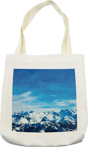 Lunarable Mountain Tote Bag, Adventurous Winter Season Traveling Journey Waterscape Cloudy Landmark Picture, Cloth Linen Reusable Bag for Shopping Books Beach and More, 16.5" X 14", Cream