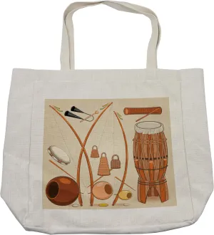 Lunarable Music Shopping Bag, Brazilian Capoeira Instruments Djembe Bongo Percussion Rhythm Tribal Culture, Eco-Friendly Reusable Bag for Groceries Beach and More, 15.5" X 14.5", Cream