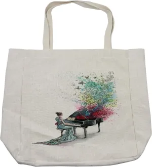 Lunarable Music Shopping Bag, Grand Piano Music Musician with Butterflies Ornamental Pianist Swirls Vintage Style, Eco-Friendly Reusable Bag for Groceries Beach and More, 15.5" X 14.5", Cream