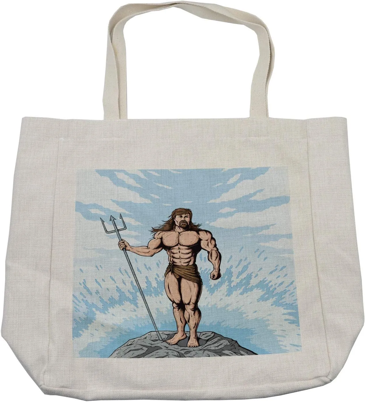 Lunarable Myth Shopping Bag, Cartoon Illustration of King Neptune on Rock in Ocean, Eco-Friendly Reusable Bag for Groceries Beach and More, 15.5" X 14.5", Pale Blue Grey