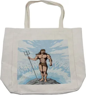 Lunarable Myth Shopping Bag, Cartoon Illustration of King Neptune on Rock in Ocean, Eco-Friendly Reusable Bag for Groceries Beach and More, 15.5" X 14.5", Pale Blue Grey