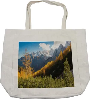 Lunarable National Parks Shopping Bag, Panorama of the Mountain Rage Valley Ice Peaks Hills Beech Trees Balkans, Eco-Friendly Reusable Bag for Groceries Beach and More, 15.5" X 14.5", Cream