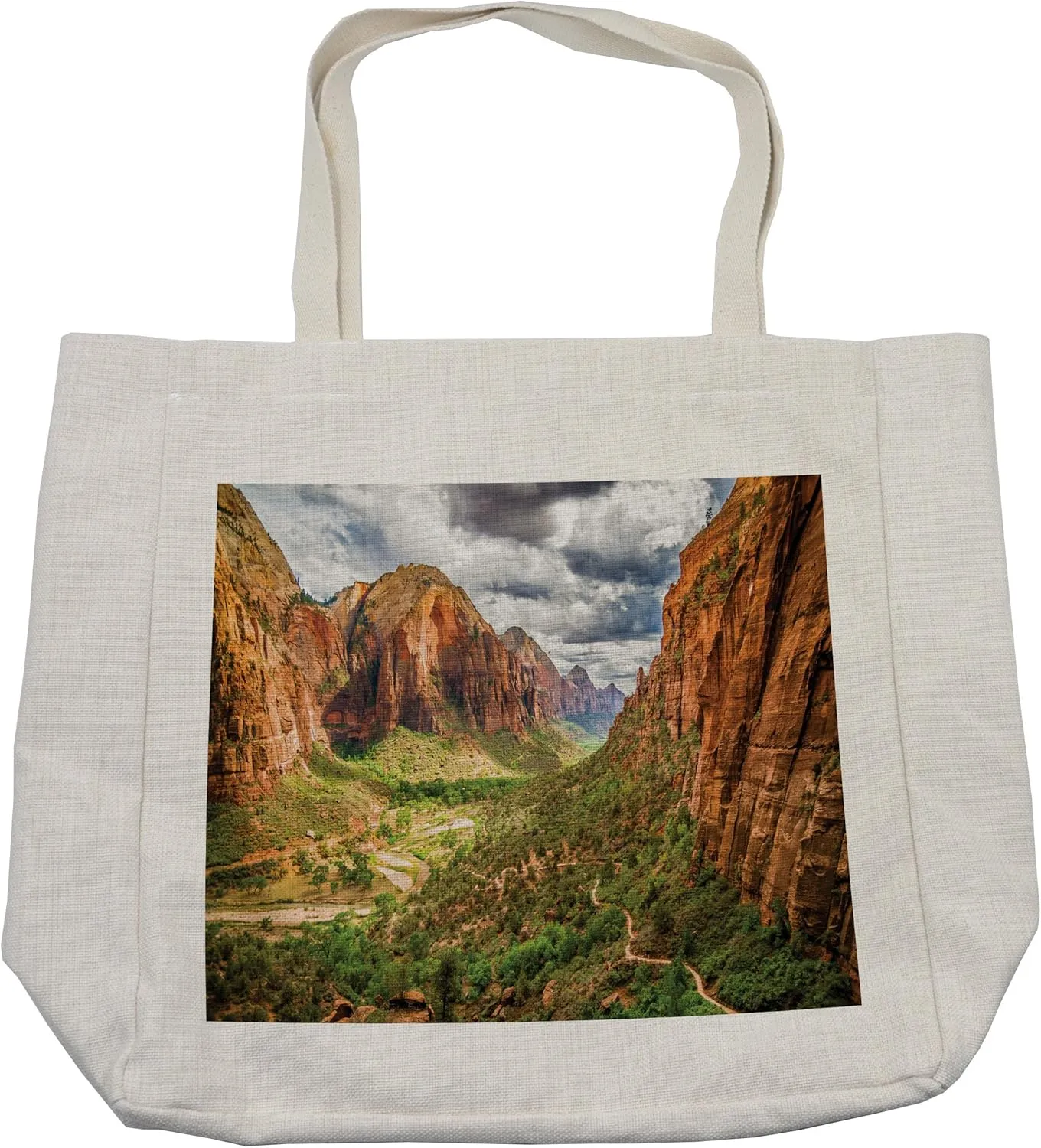 Lunarable National Parks Shopping Bag, Utah Plateau Mojave Desert Southwest Erosion Native Aztec Print, Eco-Friendly Reusable Bag for Groceries Beach and More, 15.5" X 14.5", Cream