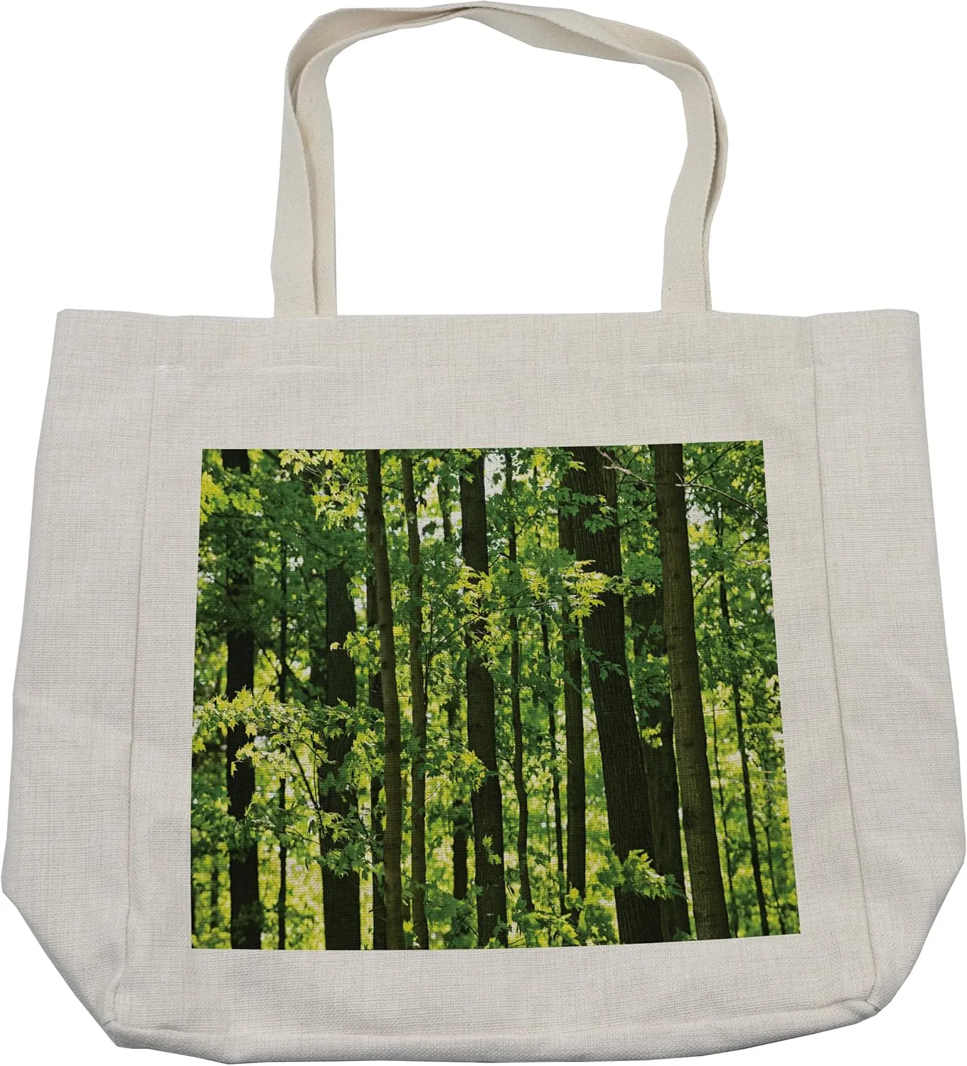 Lunarable Nature Shopping Bag, Refreshing Young Forest with Canadian Maple Trees Foliage Environment Image, Eco-Friendly Reusable Bag for Groceries Beach and More, 15.5" X 14.5", Green Brown