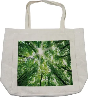 Lunarable Nature Shopping Bag, Sun Rays Through Tree Tops in the Forest Foliage Upward Sky Woodland View, Eco-Friendly Reusable Bag for Groceries Beach and More, 15.5" X 14.5", Cream