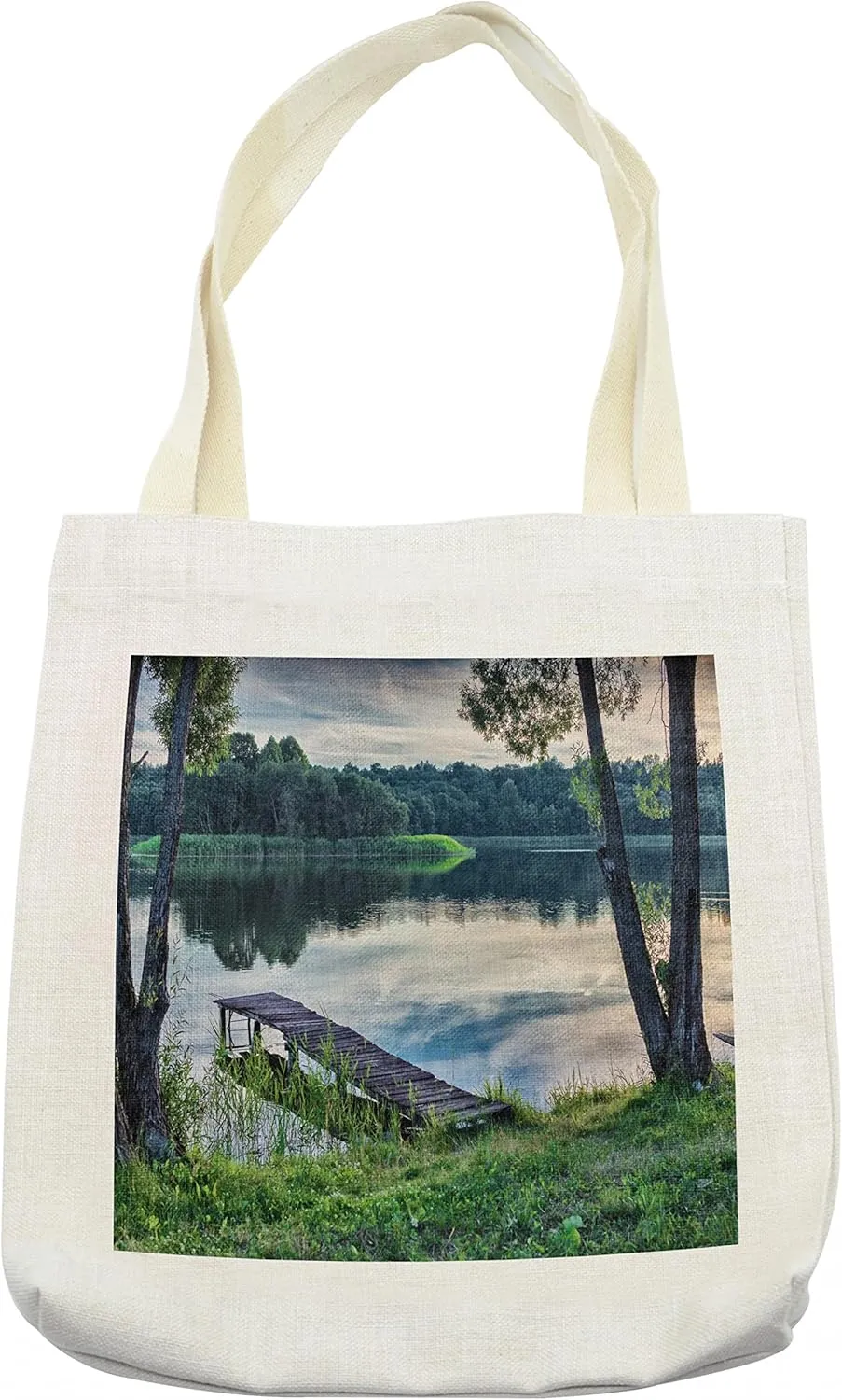 Lunarable Nature Tote Bag, Natural Theme the Lake and a Wharf in the Forest Cloudy Sky Pattern Art, Cloth Linen Reusable Bag for Shopping Books Beach and More, 16.5" X 14", Cream