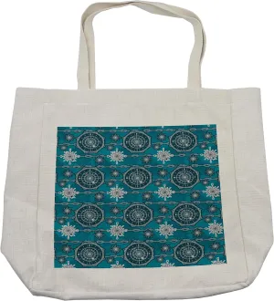 Lunarable Nautical Shopping Bag, Compass Design with Wind Rose Knotted Directions North South East West Marine, Eco-Friendly Reusable Bag for Groceries Beach and More, 15.5" X 14.5", Blue White