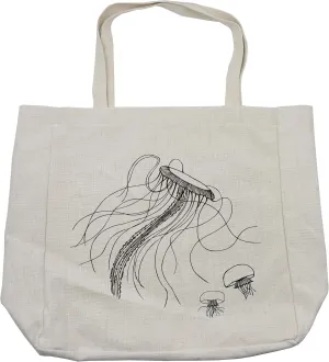 Lunarable Nautical Shopping Bag, Jellyfish Sketch Pattern Aquarium Ocean Underwater Life Oceanography Art Print, Eco-Friendly Reusable Bag for Groceries Beach and More, 15.5" X 14.5", Cream
