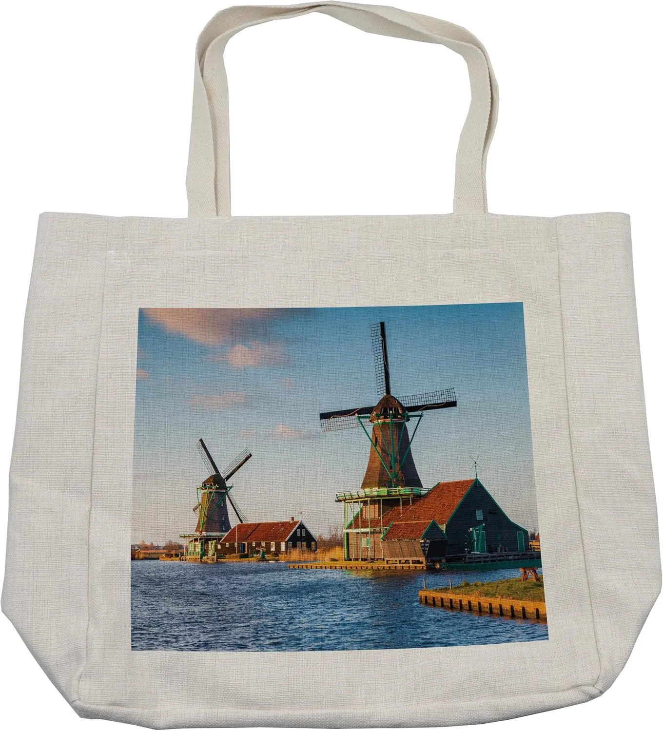 Lunarable Nautical Shopping Bag, Windmills on the Pond Harbor in Famous Netherlands Canal European Landmark, Eco-Friendly Reusable Bag for Groceries Beach and More, 15.5" X 14.5", Cream