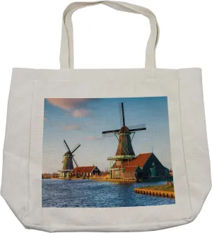 Lunarable Nautical Shopping Bag, Windmills on the Pond Harbor in Famous Netherlands Canal European Landmark, Eco-Friendly Reusable Bag for Groceries Beach and More, 15.5" X 14.5", Cream