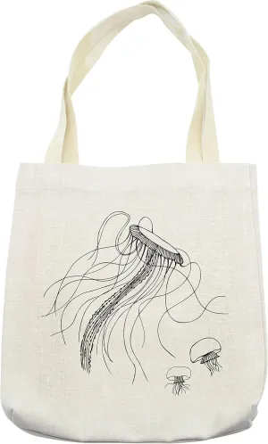 Lunarable Nautical Tote Bag, Jellyfish Sketch Pattern Aquarium Ocean Underwater Life Oceanography Art Print, Cloth Linen Reusable Bag for Shopping Books Beach and More, 16.5" X 14", Cream