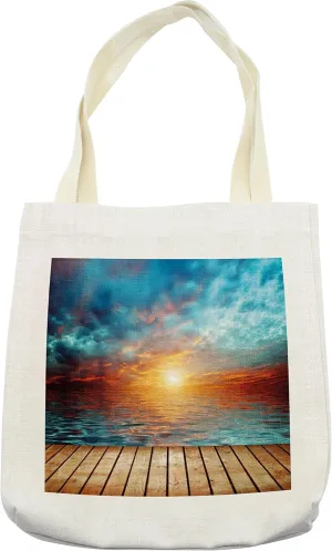 Lunarable Ocean Tote Bag, Dramatic Sunset over the Sea Twilight Scenery Beach Skyline Coast Photo, Cloth Linen Reusable Bag for Shopping Books Beach and More, 16.5" X 14", Cream
