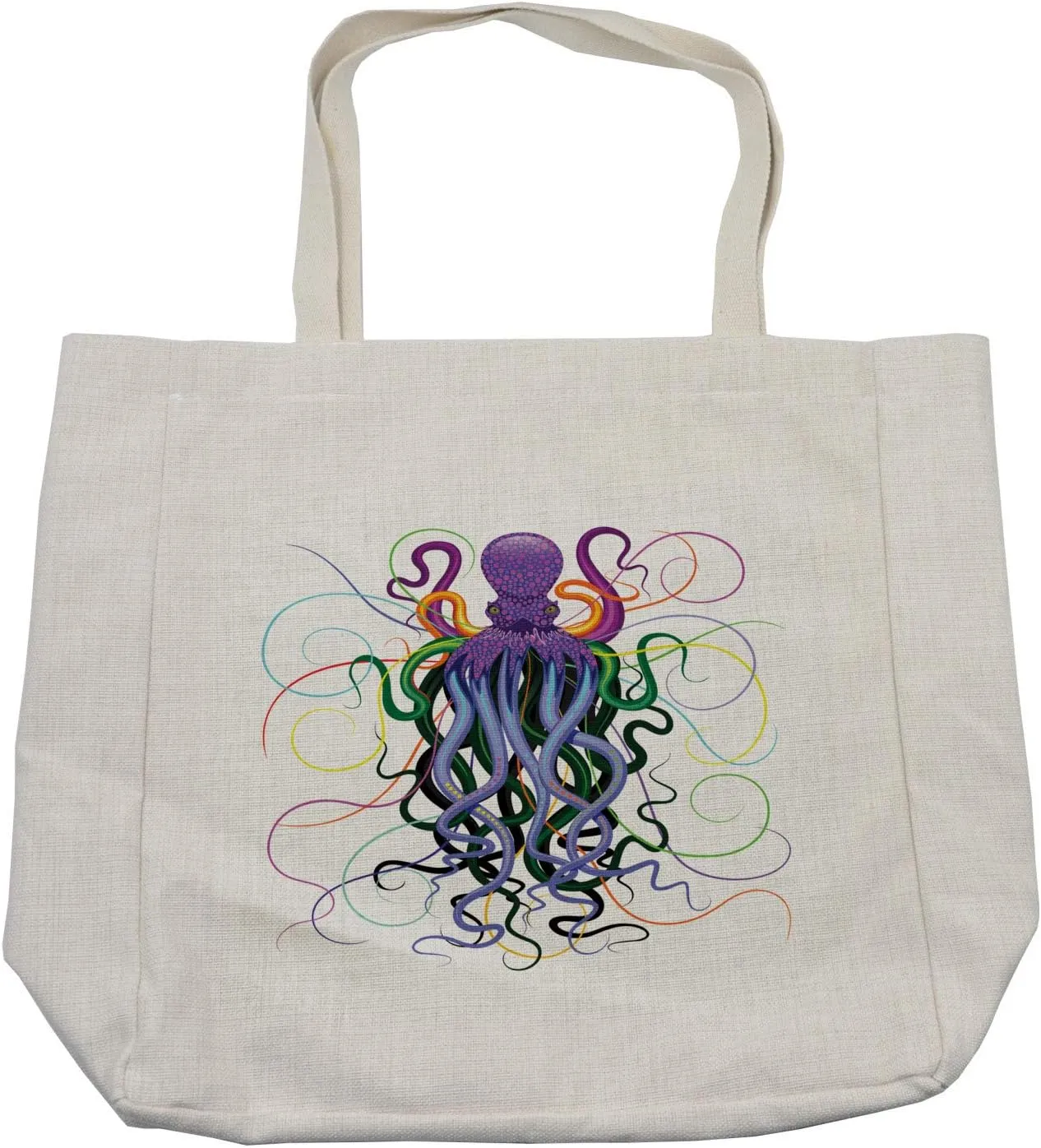Lunarable Octopus Shopping Bag, Chaotic Nautical Underwater Creatures Aquatic Animal Tentacles Rainbow Pigments, Eco-Friendly Reusable Bag for Groceries Beach and More, 15.5" X 14.5", Cream