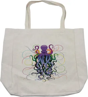 Lunarable Octopus Shopping Bag, Chaotic Nautical Underwater Creatures Aquatic Animal Tentacles Rainbow Pigments, Eco-Friendly Reusable Bag for Groceries Beach and More, 15.5" X 14.5", Cream