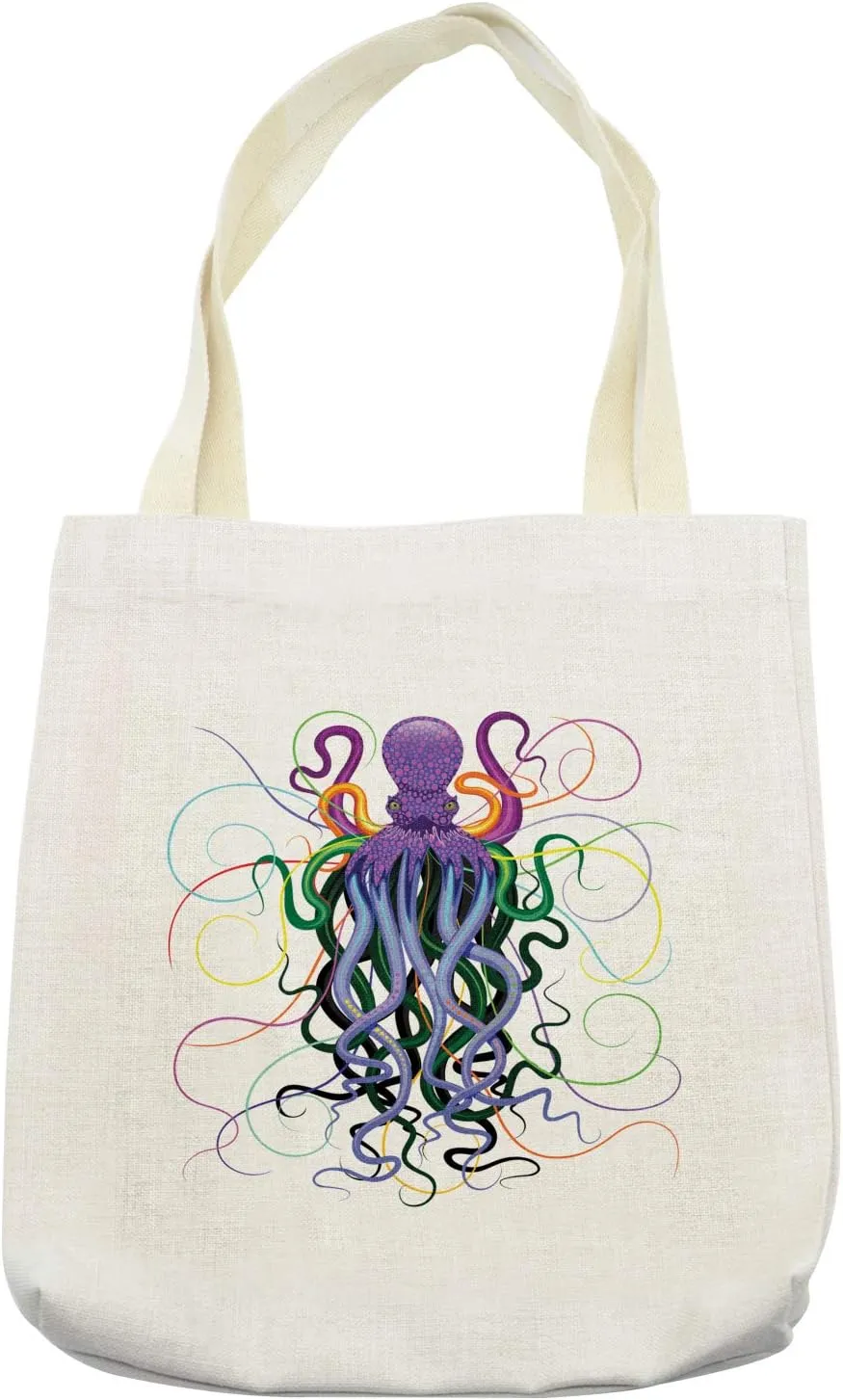 Lunarable Octopus Tote Bag, Chaotic Nautical Underwater Creatures Aquatic Animal Tentacles Rainbow Pigments, Cloth Linen Reusable Bag for Shopping Books Beach and More, 16.5" X 14", Cream