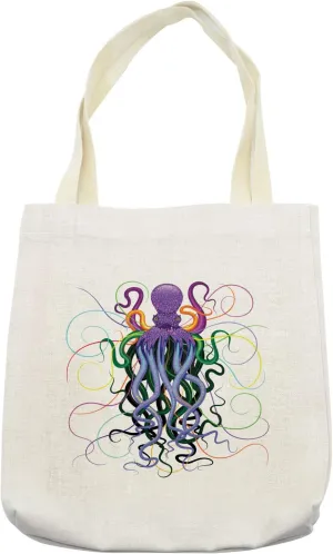 Lunarable Octopus Tote Bag, Chaotic Nautical Underwater Creatures Aquatic Animal Tentacles Rainbow Pigments, Cloth Linen Reusable Bag for Shopping Books Beach and More, 16.5" X 14", Cream